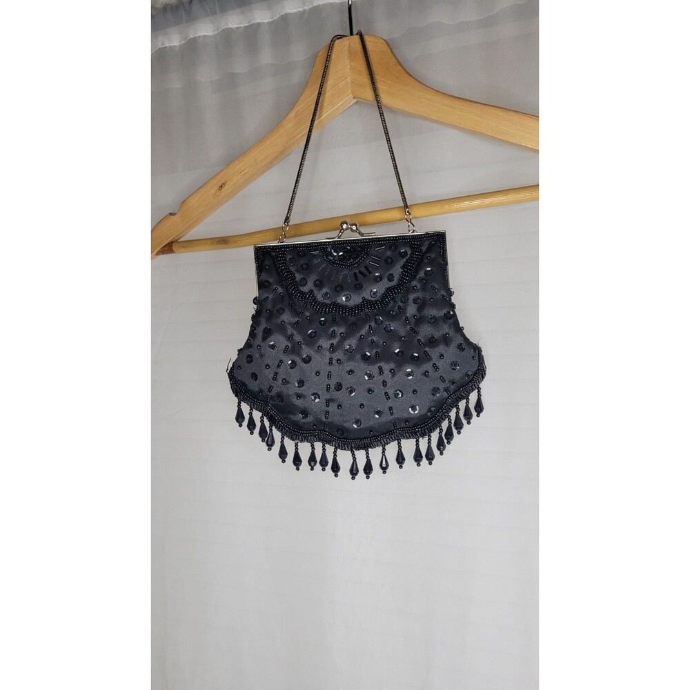 Vintage Y2K Black Beaded Evening Bag Dressy Top Handle Purse Timeless